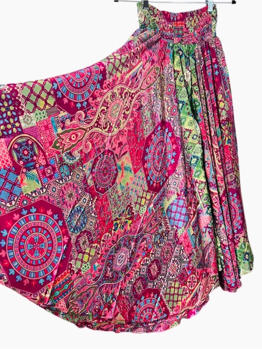 Rhea One Size Smocked Waist Extra Wide Leg Flowing Pants Boho Silk Blend NEW